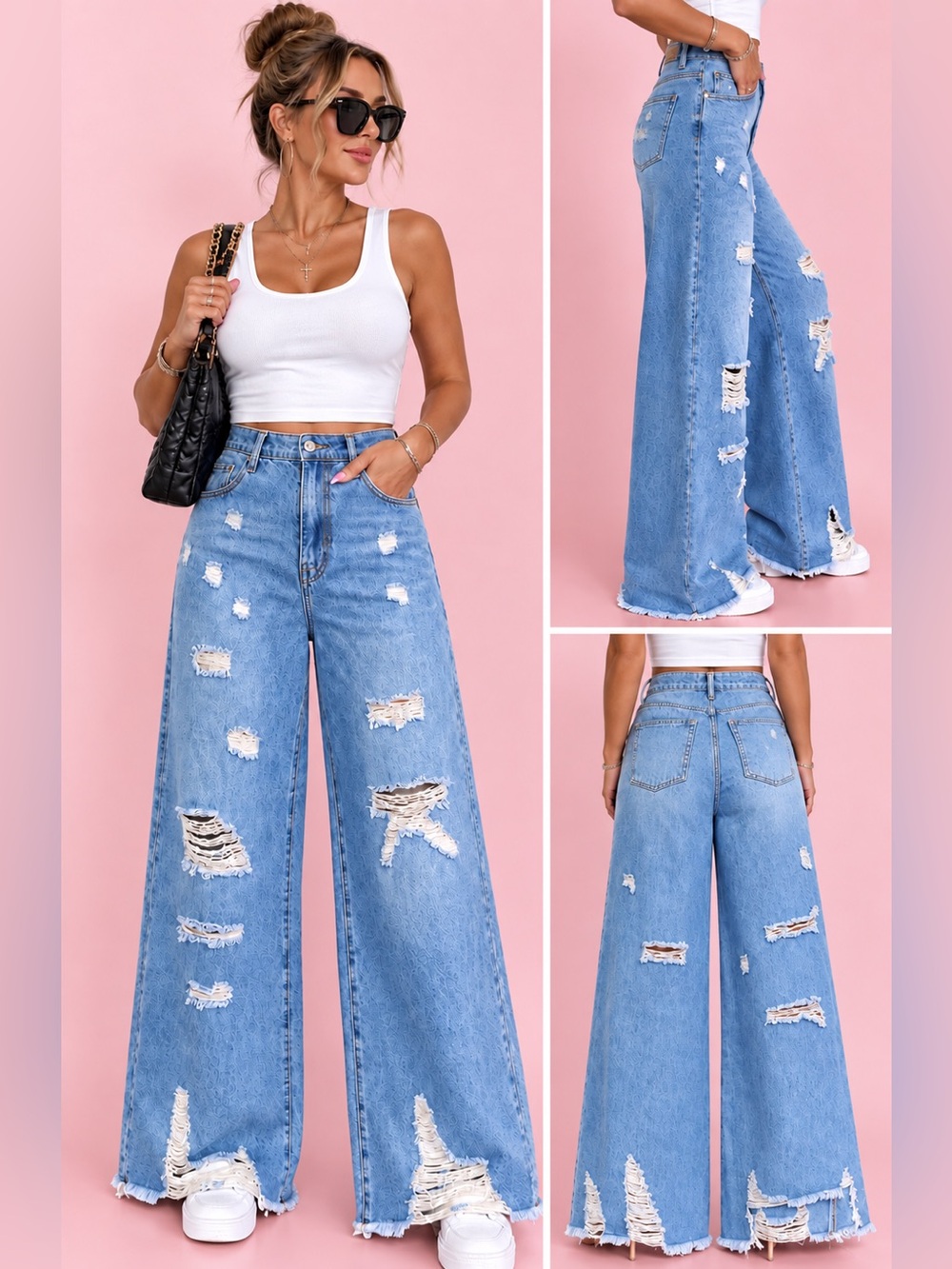 SO ME light blue high rise wide Leg Distressed ripped Jeans size small  NWT - Picture 2 of 5